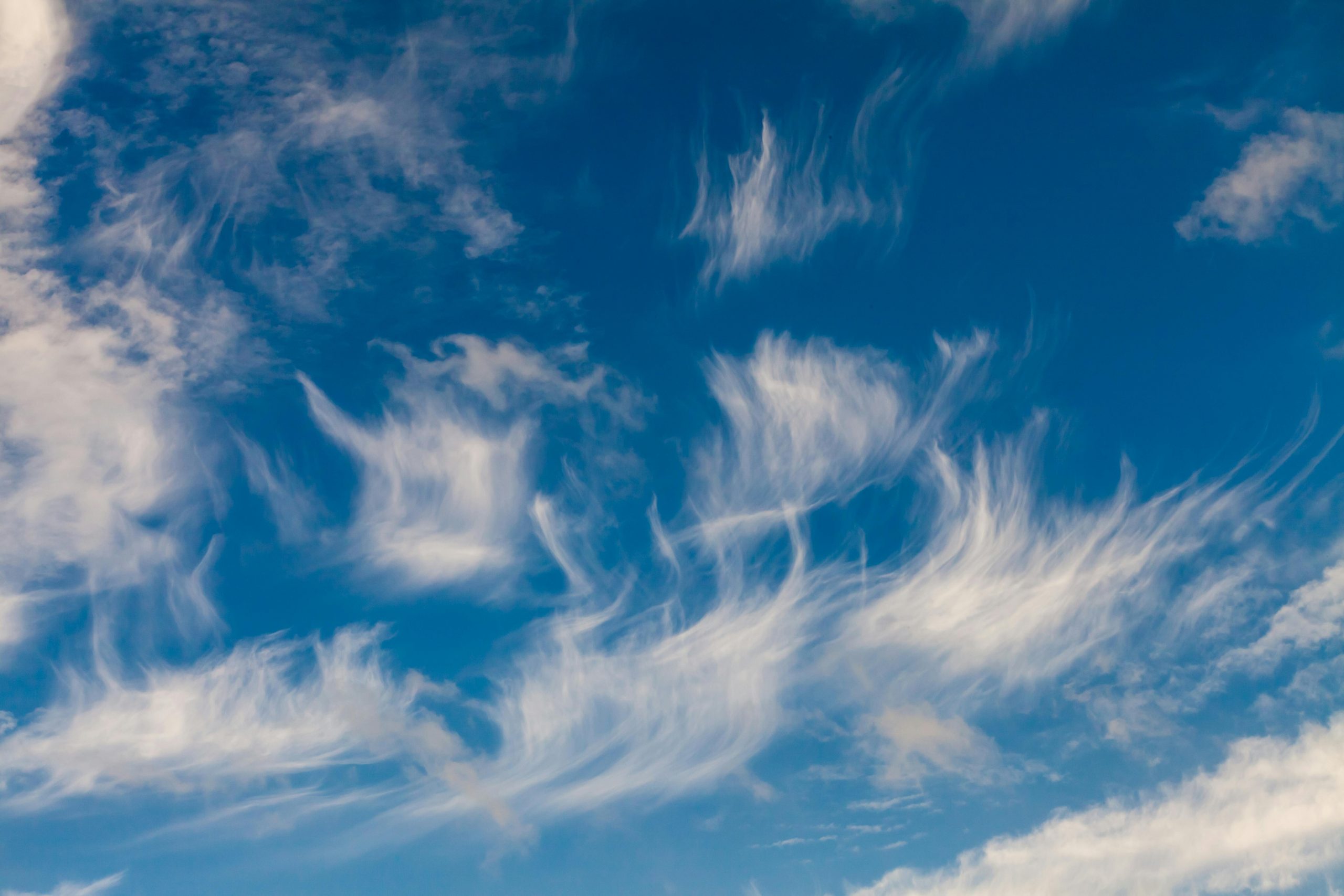 A stunning view of cirrus clouds scattered across a deep blue sky, captured in Hamburg, Germany.